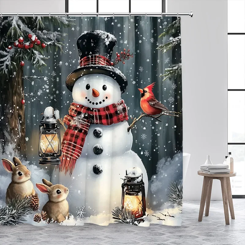 Christmas Snowman Shower Curtains Red Bird Berry Rabbit Winter Forest Snowflake New Year Home Bathroom Curtain Decor With Hooks