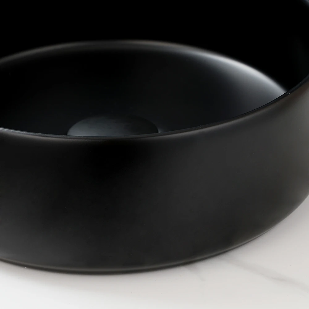 Imagem -05 - Kemaidi-matte Black Banheiro Pia de Lavagem de Cerâmica Torneira Mixer Tap Grupo Acima do Contador Pia do Banheiro Redonda Deck Montado