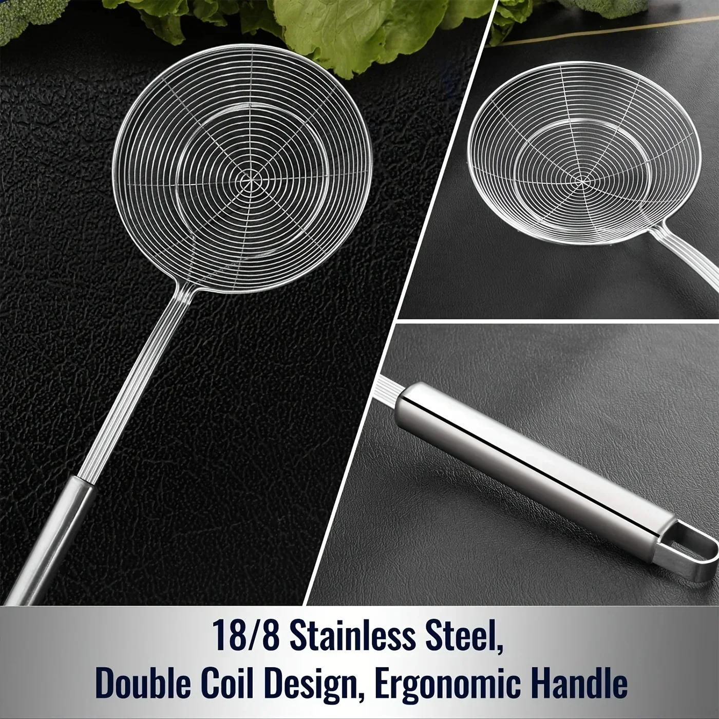 2024New Stainless Steel Strainer Ladle Oil Pot Strainers Home Kitchen Tools Skimmer Oval Fine Mesh Strainer Oil Skim Grease Foam