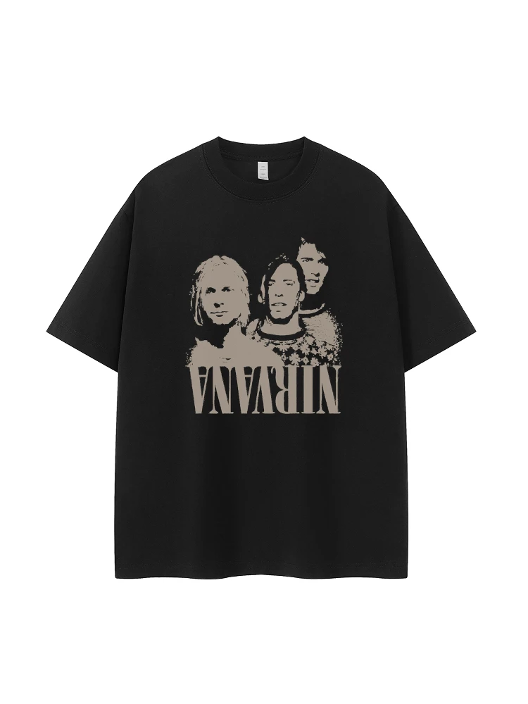 Gothic Rock Band Design Shoulder-Drift Short Sleeve T-Shirt Portrait Print American Street Style Breathable Casual Cotton Tee