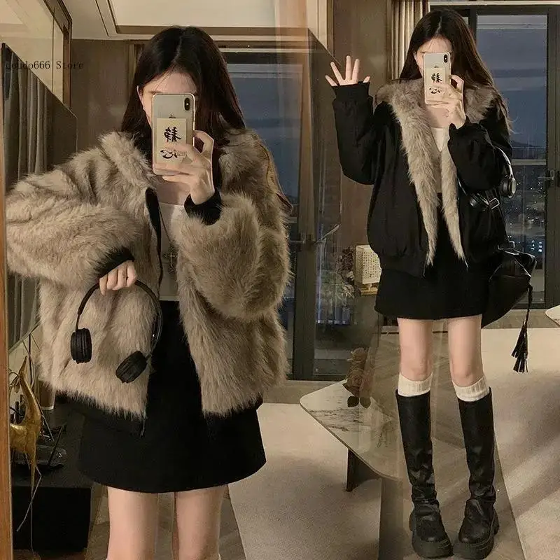 Women Autumn Winter Loose Thicken Plush Cotton Coat Women Hooded Imitation Mink Fur Outwear Double-Sided Warm Fur Coat