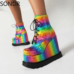 Womens Platform Dragon Embroidery Rainbow Colors Ankle Boots Wedge Super 14CM High Heel Punk Shoes JK Belt Buckle