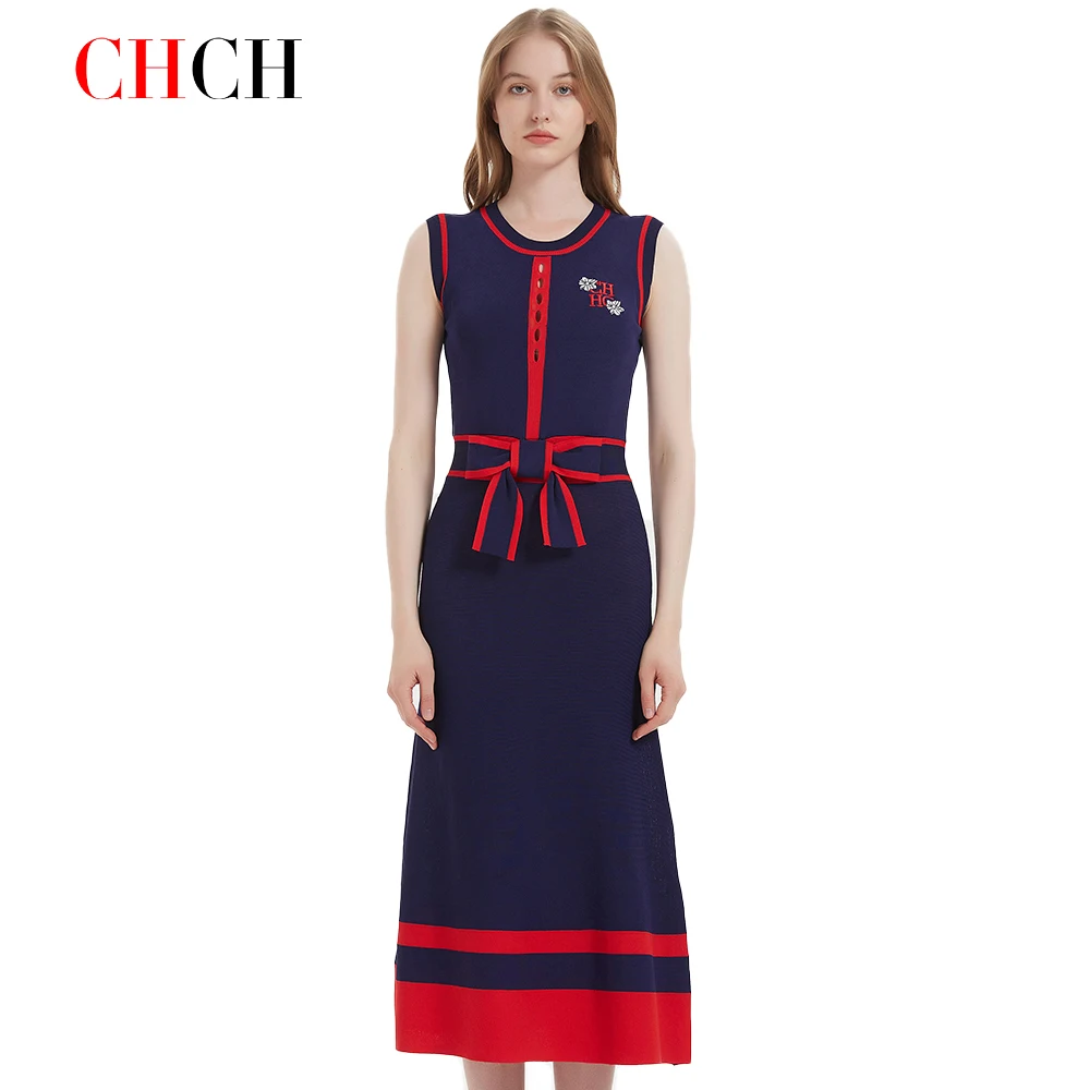 CHCH Women's Dress 2024 New Sleeveless Knitted Long Dress Simple navy blue Business Women's Wear