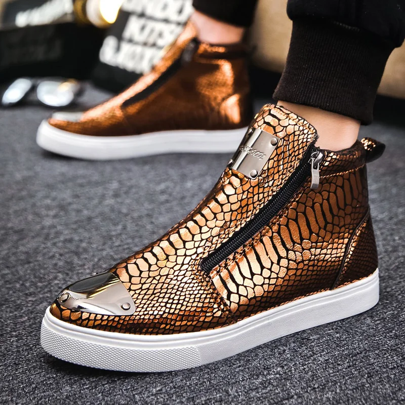 New Autumn Men's High Top Sneakers Zip Design Men Golden Sneakers Casual Comfortable Snakeskin Leather Men Skateboard Sneakers