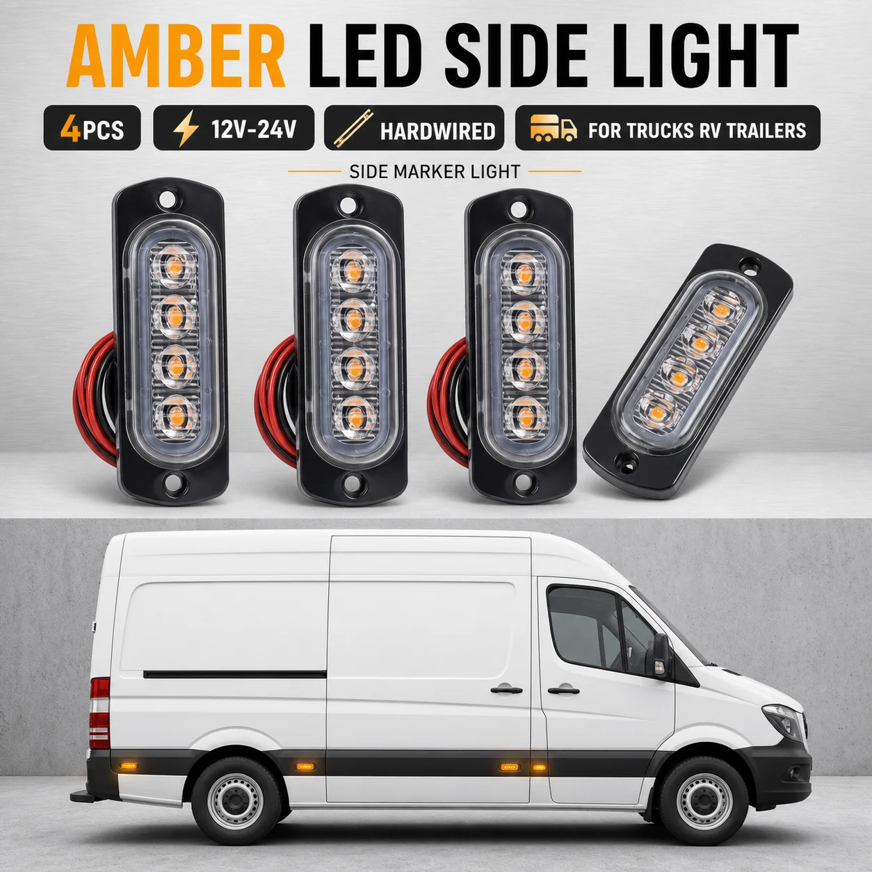 4PCS Amber LED Side Marker Lights 12V-24V Hardwired Lamps 350-500LM for Truck RV Trailer Vehicle Side Mount Automotive Lights