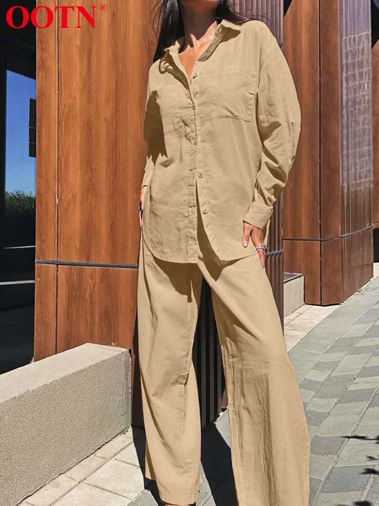 OOTN Fashion Women Suits Two Piece Sets Khaki Single Breasted Long Sleeve Tops Cotton Linen Pants Suit Solid 2024 Autumn Casual