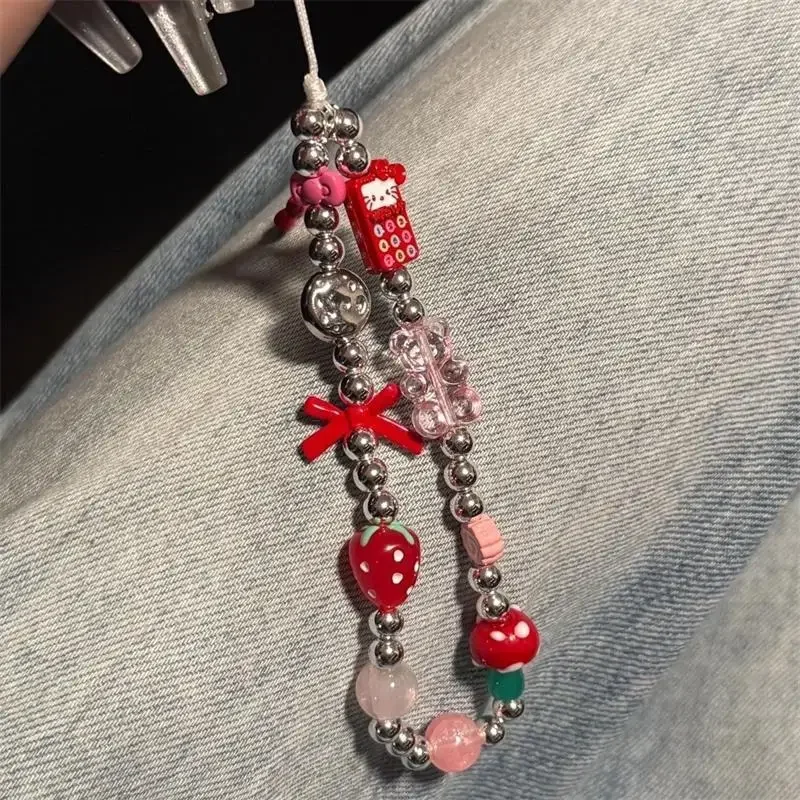 Hello Kitty-cordón de cadena para teléfono con cuentas, llavero femenino, colgantes, amuleto de cámara antipérdida, bonito accesorio de regalo