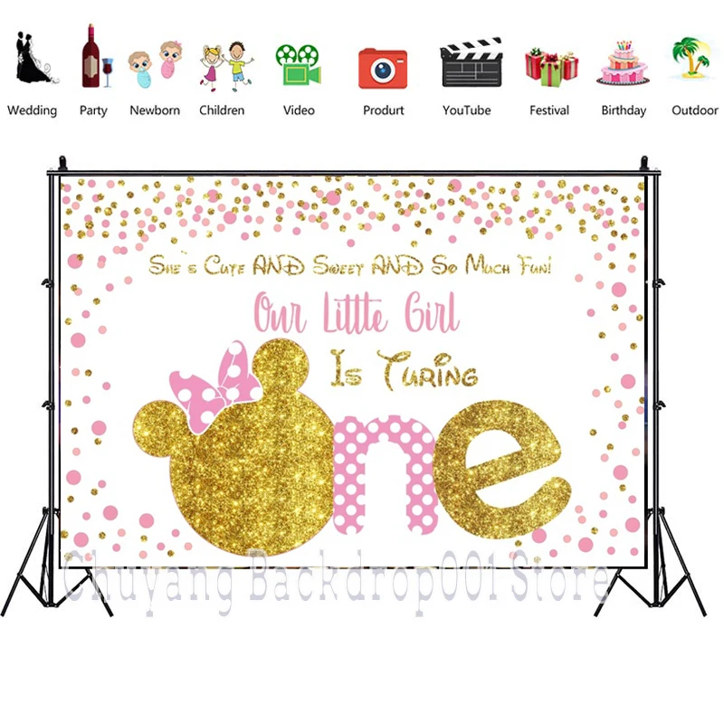 Disney Mickey Minnie Mouse One Birthday Backdrop Cartoon Party Pink Girl Princess Party Baby Shower Newborn Custom Background