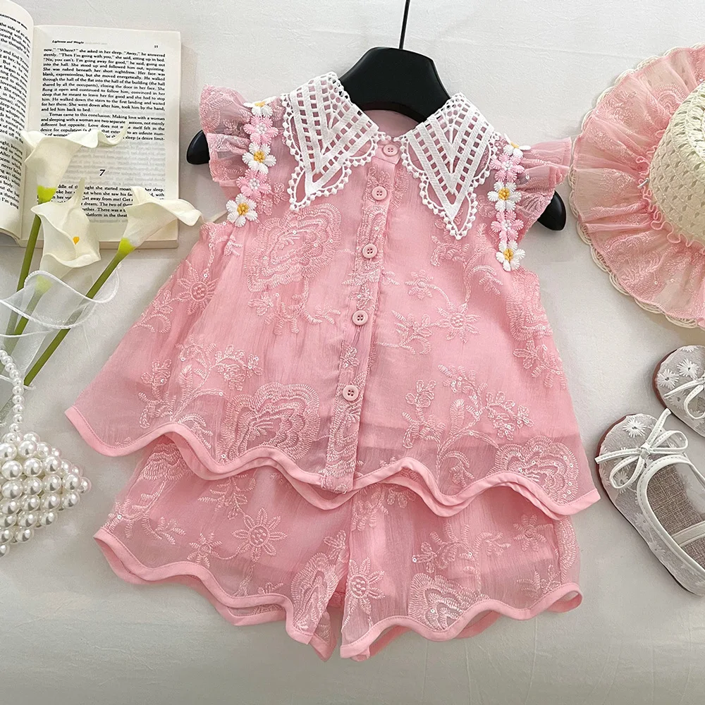 Fashion Summer Girls Embroidery Clothes Set Sleeveless Lace Vest Tops With Shorts Casual Children's Clothing Kids Daily Wear