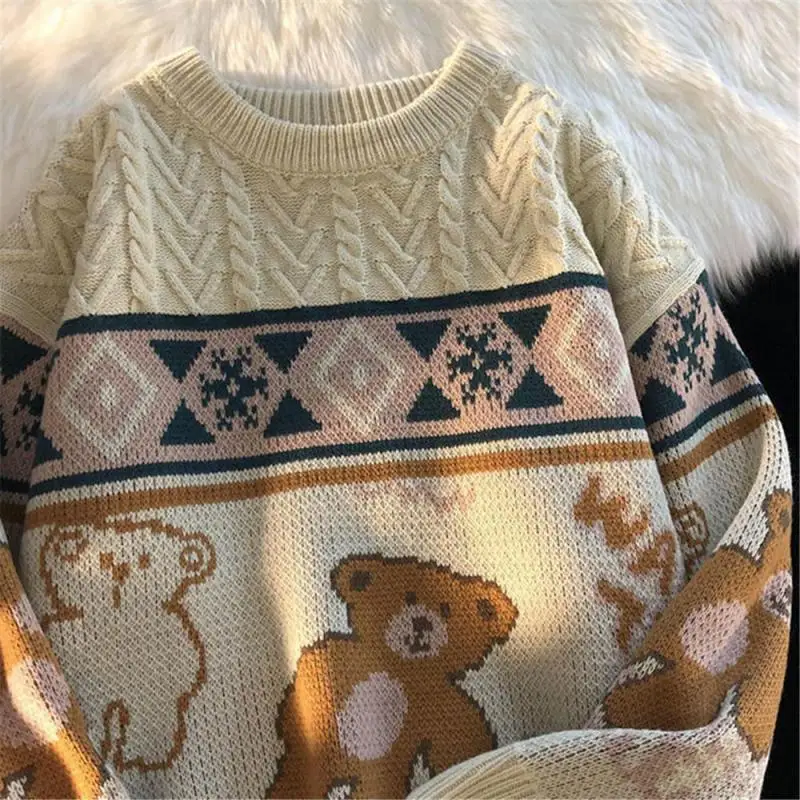 Fashion Cute Bear Tops Men High Street Knitting Sweater Tops Autumn Pullover Loose Harajuku Kawaii White Women Couple Sweaters