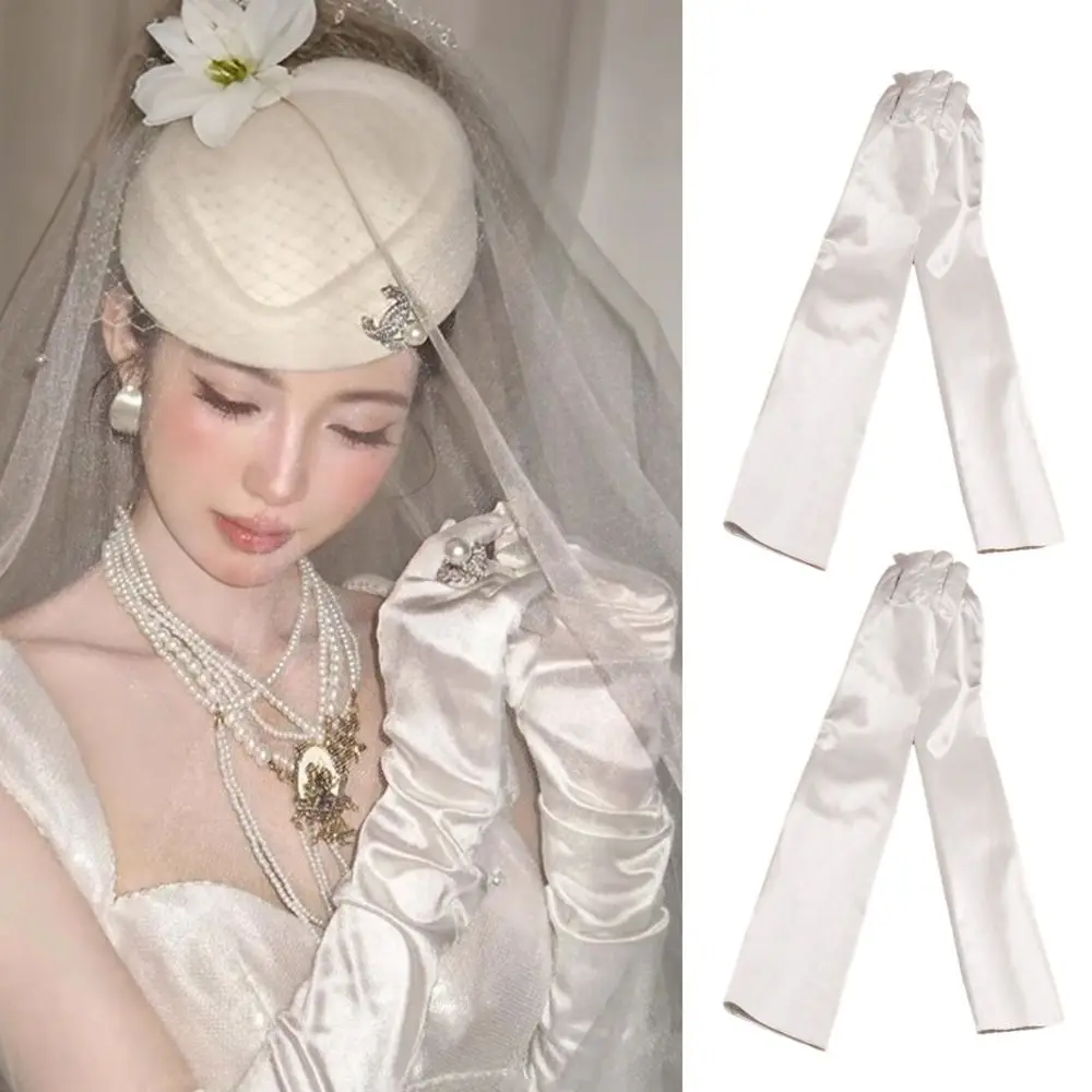 Vintage Handmade Wedding Gloves Long Sleeve White Satin Bride Gloves Multiple Styles Lace Trimmed French Gloves Formal Occasions