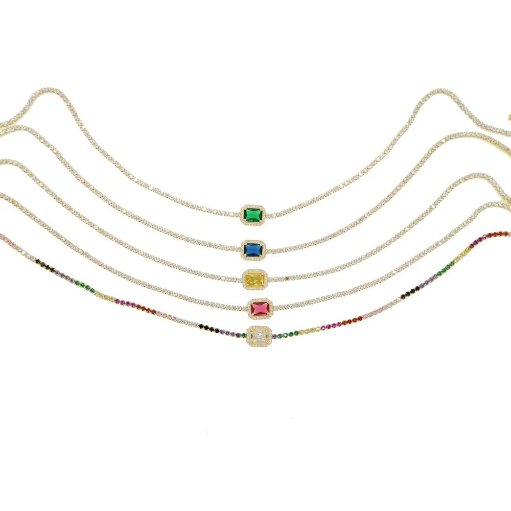Colorful Rainbow Cz Tennis Chain Choker Necklace Gold Color Multi Layer Sexy Delicate Link Chain Gorgeous Jewelry