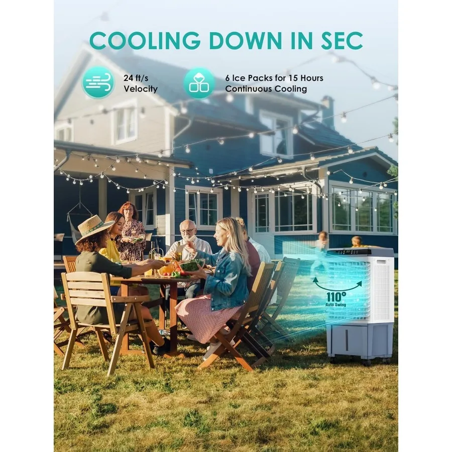 مبرد هواء تبخيري 1800 CFM مع 6 صناديق ثلج وخزان مياه سعة 5.3 جالون لأداء التبريد الممتد 110 Au