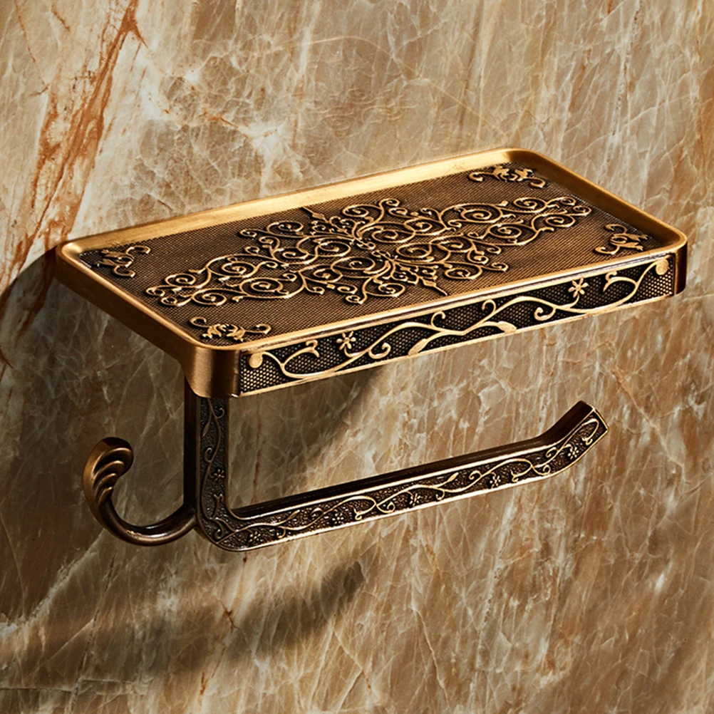 

Golden Bathroom Shelf Wall Mounted Toilet Paper Holder Hooks European Carving Design Storage Rack for Roll Paper