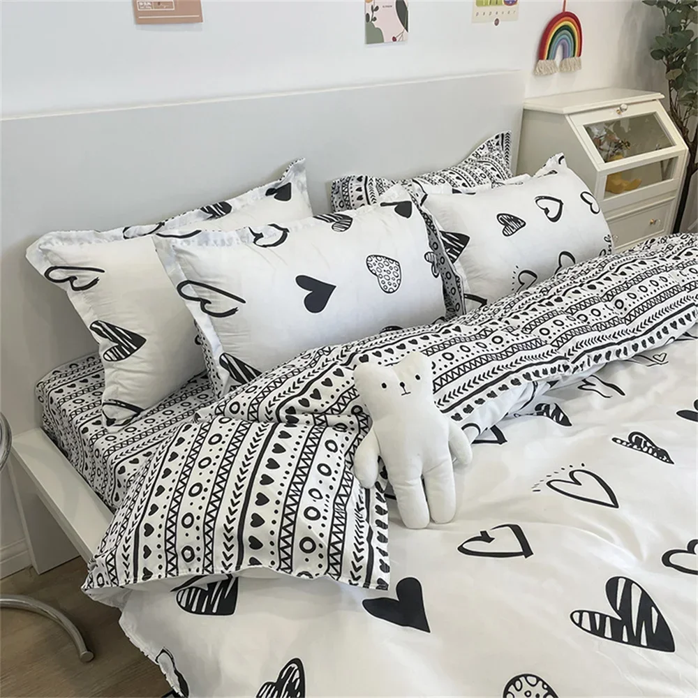 Korean Style Bedding Set Kid Adult Twin Full Queen Size Bed Flat Sheet Love Heart Duvet Cover Set Pillowcase Bed Linen No Filler