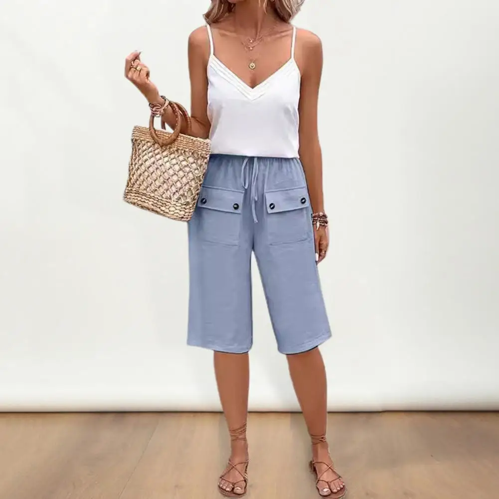 Lady Trousers Stylish Knee Length Women's Shorts with Drawstring Elastic Waist Buttoned Front Pockets for Casual Daily Wear