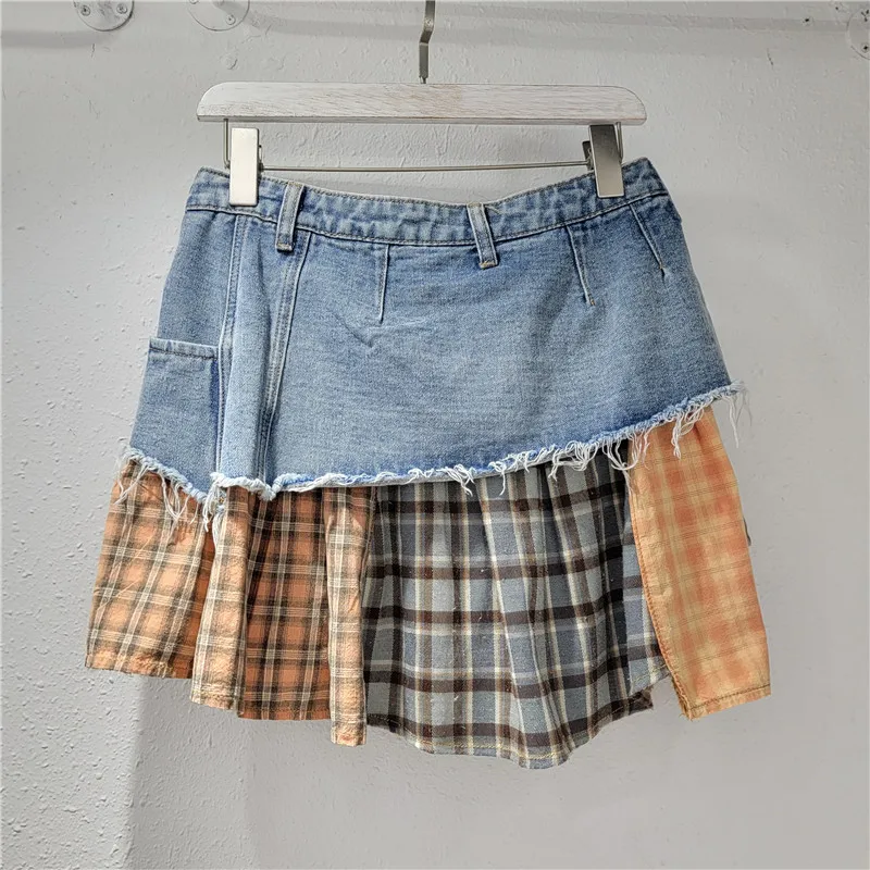 Donne Plaid Denim Patchwork Streetwear Irregolare A-line Minigonna 2025 Summer Street Femminile Classico Jeans Cargo Gonne