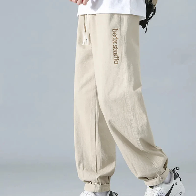 Japanese Style Trend Casual Spring Autumn Men's Elastic Waist Drawstring Letter Embroid Pockets Young Style Loose Cargo Pants