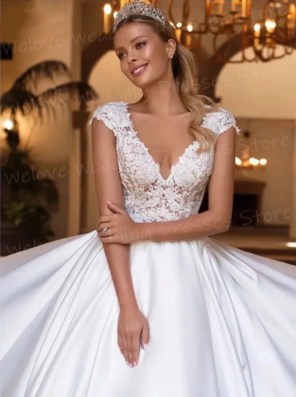 Vestidos de novia de línea A con cuello en V profundo para mujer, Vestidos de novia elegantes con manga de casquillo, Apliques de encaje modernos, encantador