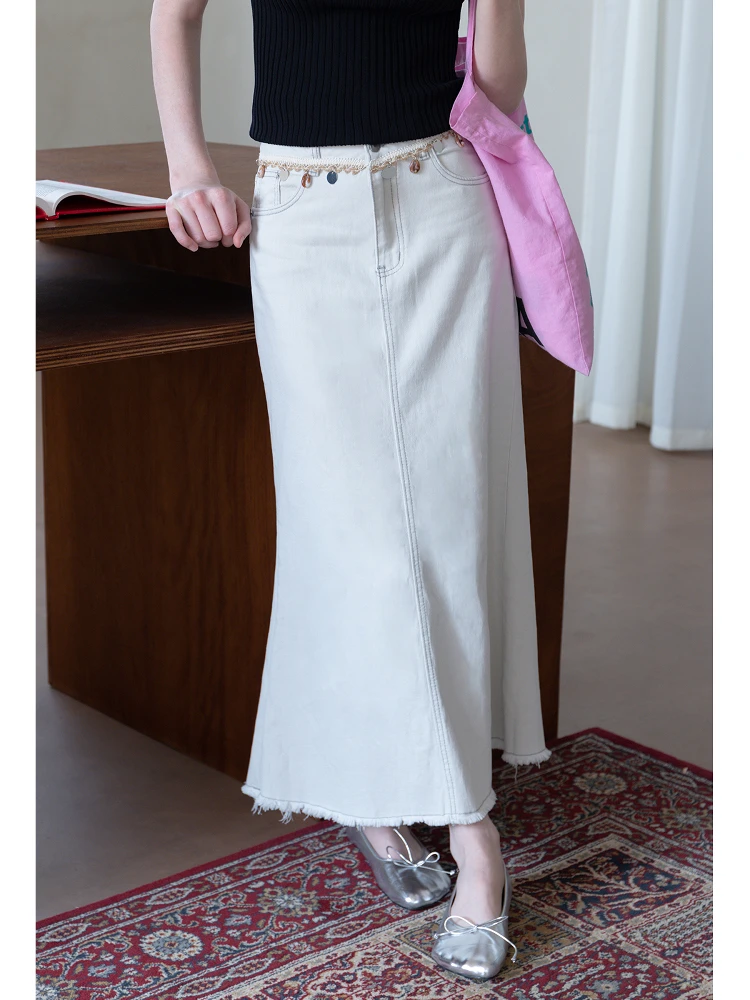 

Eggka High Waist ell Pendant Fi Tail Denim Skirt Spring Summer New Sle Ele Slimming Long Skirt Peach Color