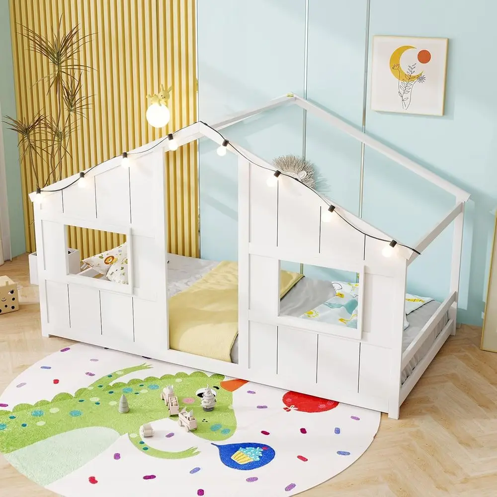 

Twin Size Wooden Loft Bed with LED Lights, House-Shaped Roof and Windows, No Slats, Low Playhouse for Kids (White)