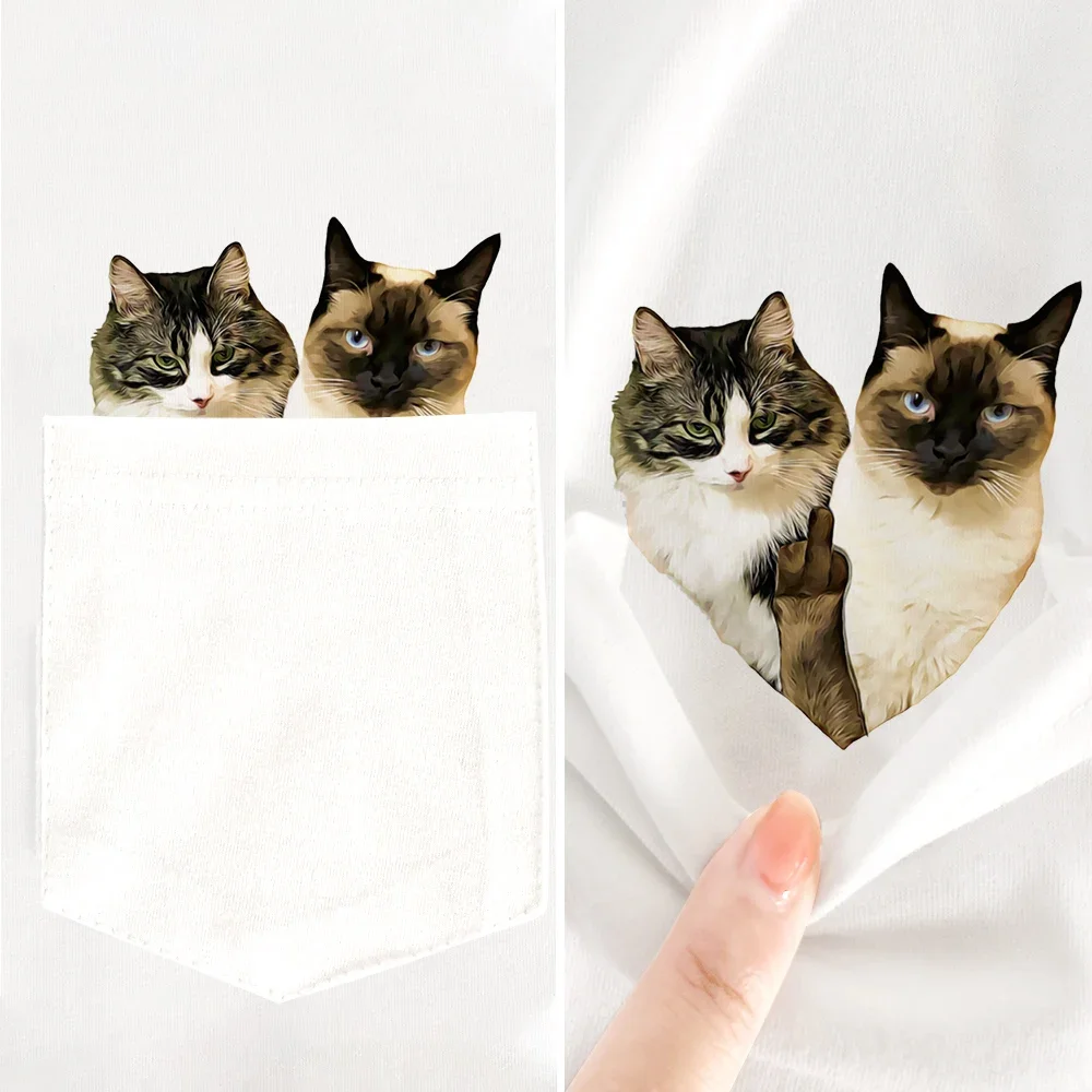 CLOOCL Cute Kitten T-Shirts Siamese Cats Tabby Printed Pocket Tees White Cotton Short Sleeve Tees Mens Women Clothing Dropship