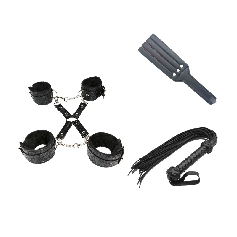 Adjustable BDSM Wrist Ankle Cuffs Restraint Kit Leather Flogger Spanking Paddle leather whip SM Erotic Toy Set For Adult Couples