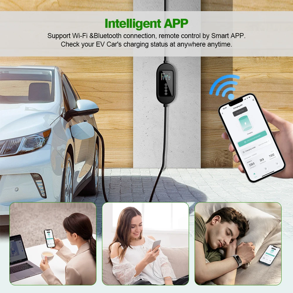 QiFeng 32A 7KW draagbare EV-oplader Type2 2,4 inch oplader voor elektrische voertuigen 5M / 10M EVSE-oplaadkabel Wi-Fi Bluetooth APP-bediening