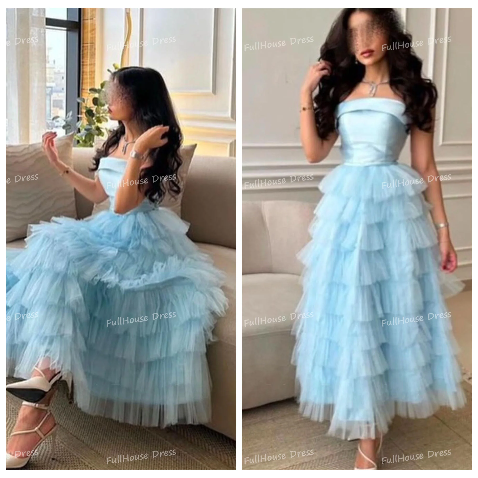 

Custom Made Strapless Tulle Sky Blue Boat Collar Evening Dress Tiered Ruffles A-Line Women Prom Dresses Formal Party Dress