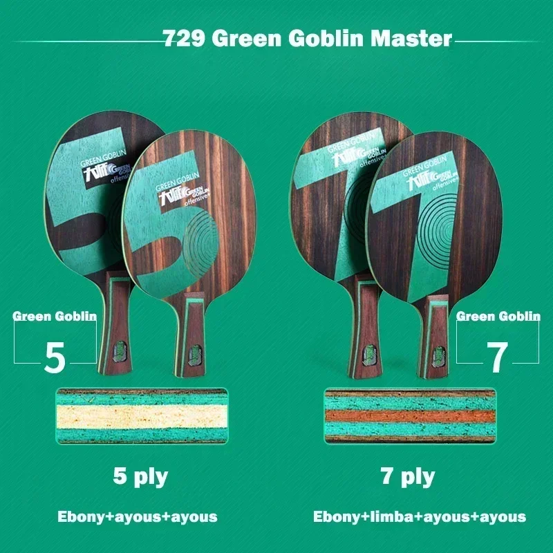 Clearance 729 Friendship Green Goblin7 Table Tennis Blade Ebony Wood Violent Offensive Loop Ping Pong Racket for Professionals