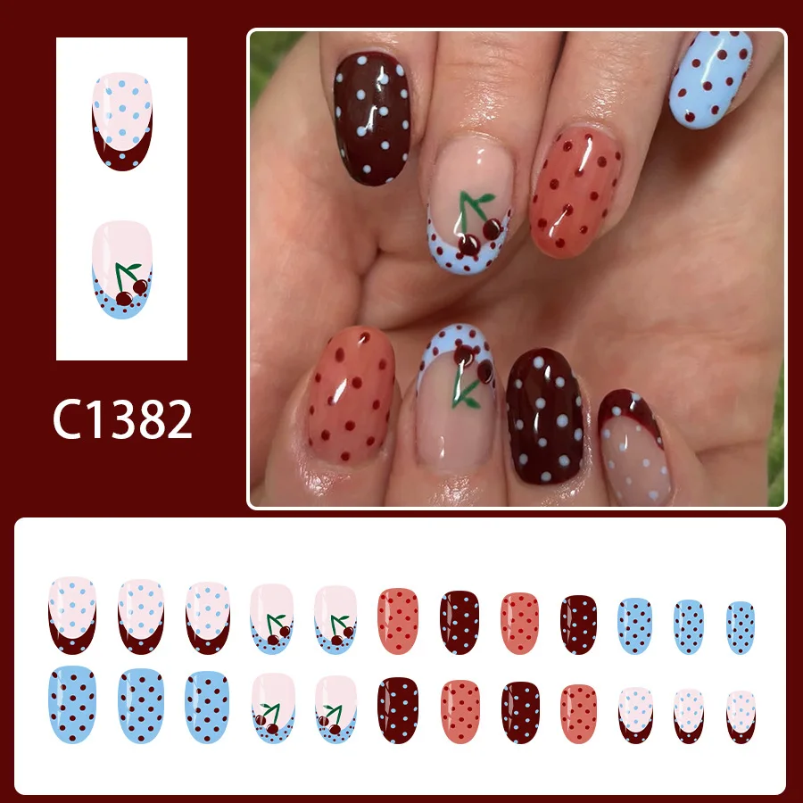 24pcs Short Almond Fake Nails For Autumn Winter Wine-red Wave Point Cute Cherry Designs Press On Nails Blue French False Nail