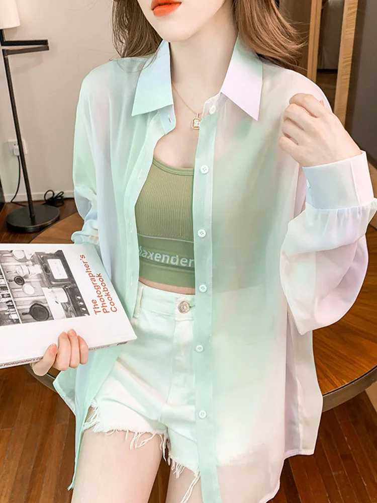 Women Gradient Chiffon Shirt Lapel Long Sleeve Loose Button Down Sun Protection Blouse Top