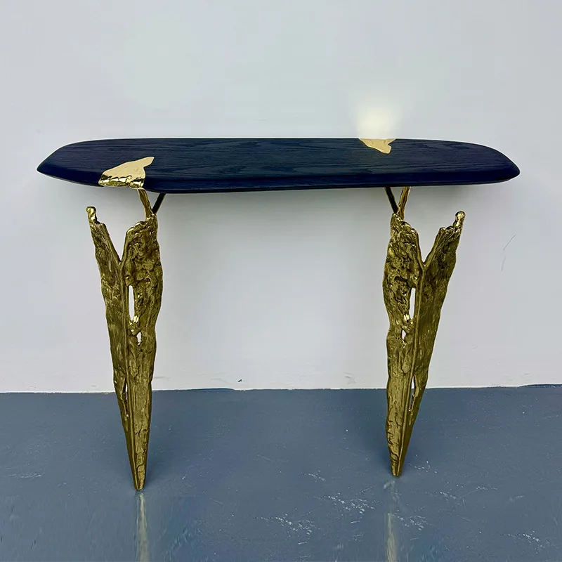 Light luxury brass entrance table Designer villa entrance foyer against the wall aisle corridor solid wood entrance platform