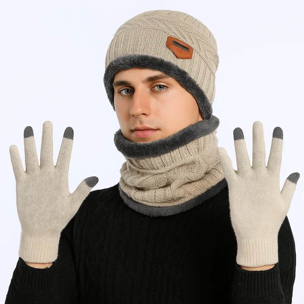 

4pcs/set Soft Winter Beanie Hat Scarf Set Thermal Protection Thicken Thermal Knitted Gloves Fleece Lined Cap Warm Wool Hat