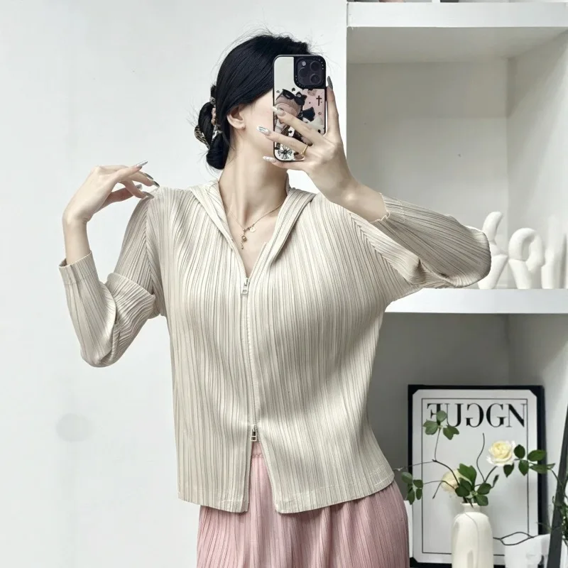 Pleated Hooded Cardigan with Two-Way Zipper Solid Color Commuter Top Simple Casual Draped Elastic Women's  Autumn Clothing