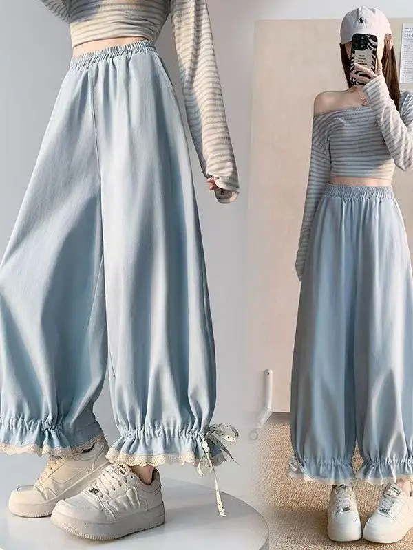 Summer New Korean Style Lace Patchwork Loose Wide Leg Casual Pants Women's High Waist Harlan Pants Nine Points Cuffed