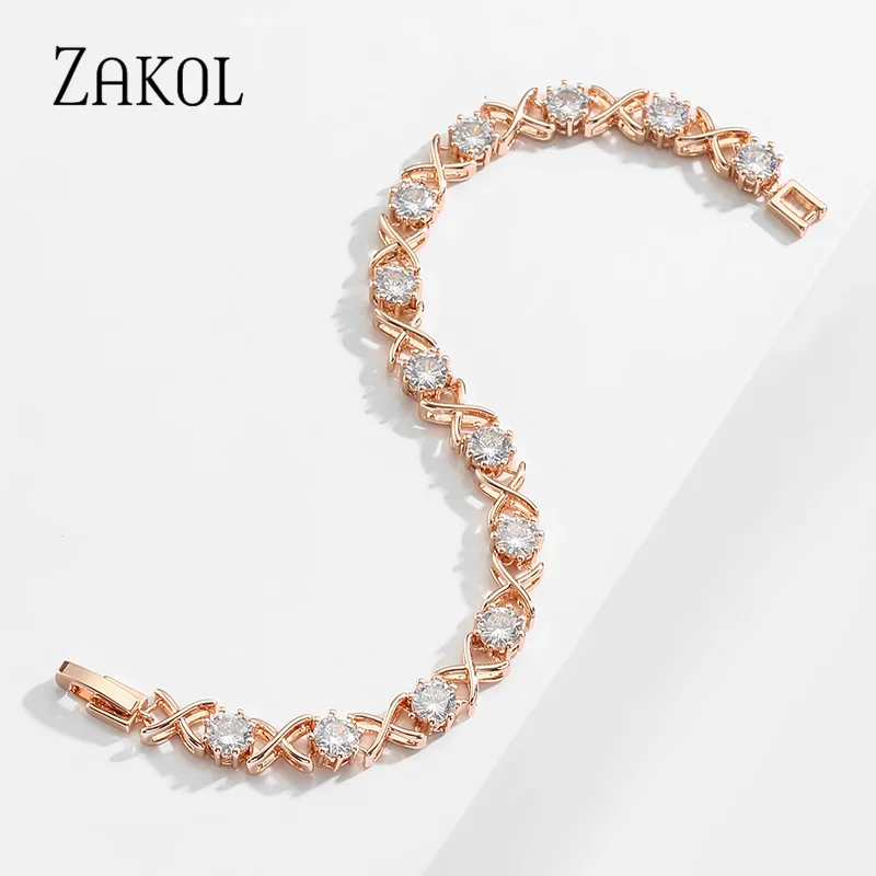 ZAKOL Zircon Cross Bracelets for Women Exquisite Round Cubic Zirconia Bangle Fashion Gold Color Wedding Party Jewelry