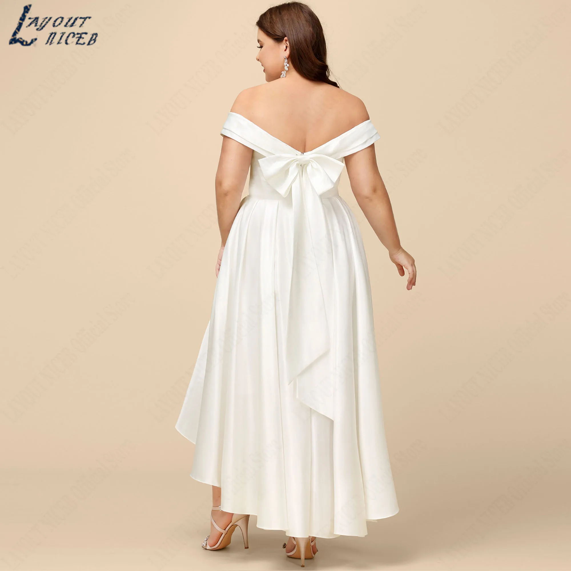 Minimalist Plus Size Bride Party Gown Asymmetrical A-line Off Shoulder Satin Wedding Dress with Bow Backless vestidos Customized