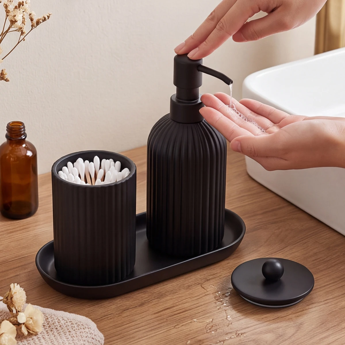 3pcs/set Bathroom Accessories Set, Farmhouse Organizer with Soap Dispenser, Qtip Jar and Tray for Bathroom Sink