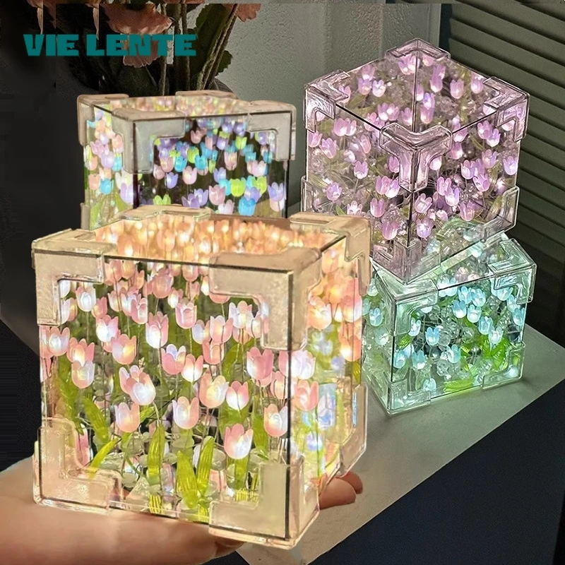 DIY Tulip Mirror Cube Lamp Simulation Flower Bedroom Sleeping Table Lamp Handmade Craft Tulips Mirror Night Light Birthday Gifts