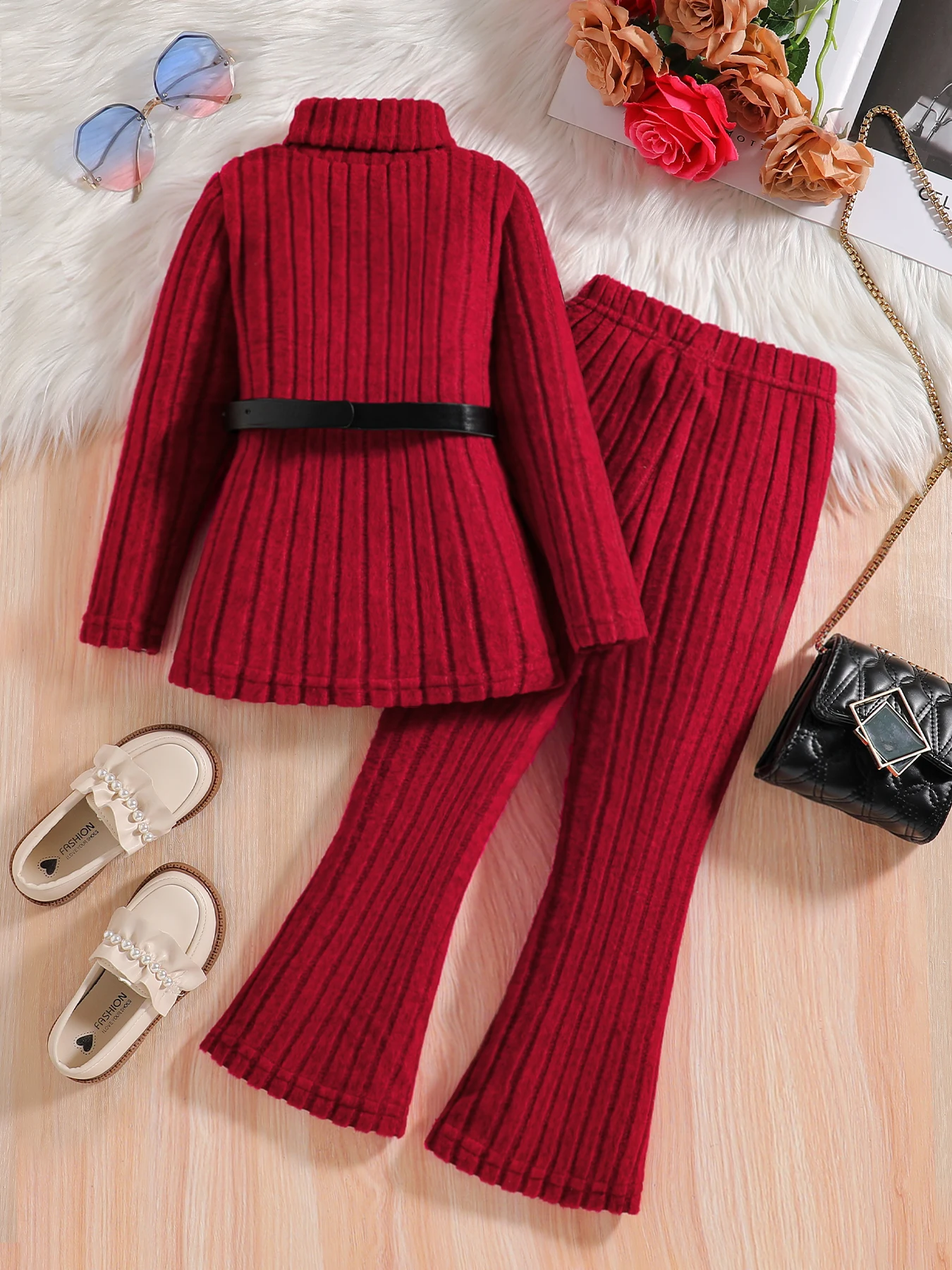 Children's Clothing Girls' Autumn Fashion Knitted Set - Red High Collar Long Sleeve Top+Red Knitted Wide Leg Pants 2-piece Set