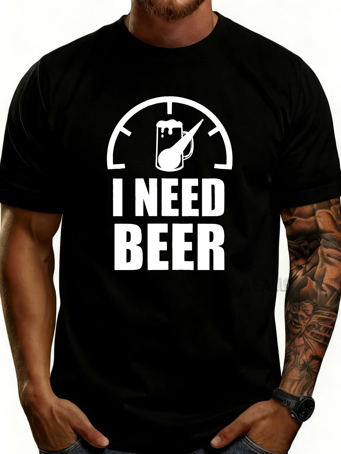 Men's Plain Graphic T-Shirt - Breathable, Soft, Lightweight - I Need a Beer Meter - Retro Fun Graphic Casual Short Sleeve Summer Top, Gift for Him