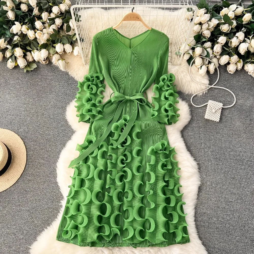 

High Quality Chic Fashion Women 3D Ruffled Gentle Dresses Y2k Solid V neck Vintage Elegant Tied Slim Waist Vestidos Mujer