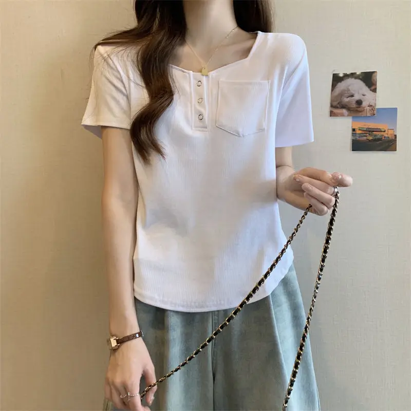 

Color Square Collar ort Sve T-irt Women's Summer Faion Casual Cotton Top with ket Rabbit Fur Material