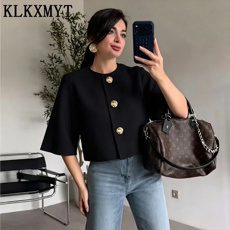 KLKXMYT Women's Cropped Knit Cardigan Summer 2026 Elegant Metal Button O-Neck Short Sleeve Tops For Woman Resort Bolero Sweater
