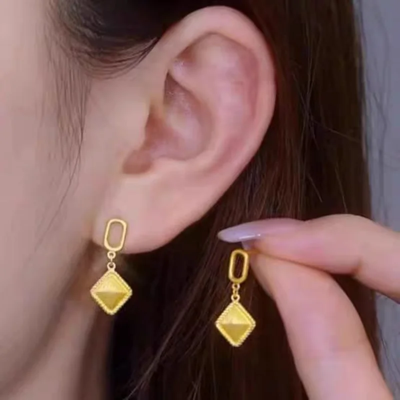 

18K Gold Earrings for Women Rhombus Geometric Drop Brushed Finish Golden Years Fashion Versatile Tiny