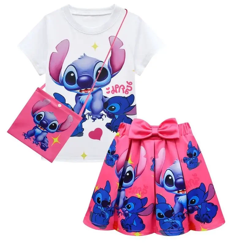 2025 New Stitch And Angel Children's Set Sleeve Pleated Cartoon Printing Kawaii Short Sleeves Skirt Lovely X158