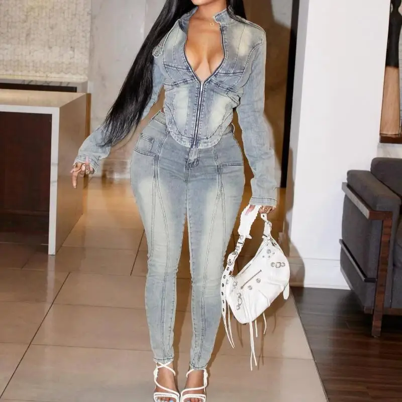 Women's Denim Pant Set Two Piece Matching Zipper Fashionable Summer Outfit Casual Workwear Versatile Stylish Ensemble