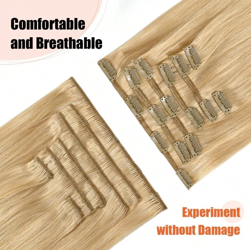 وصلات شعر بمشبك للشعر القصير قطع شعر بشري ريمي بشري حقيقي 8 قطع لكل مجموعة مع 18 مشبك لحمة مزدوجة # 27 أشقر غامق