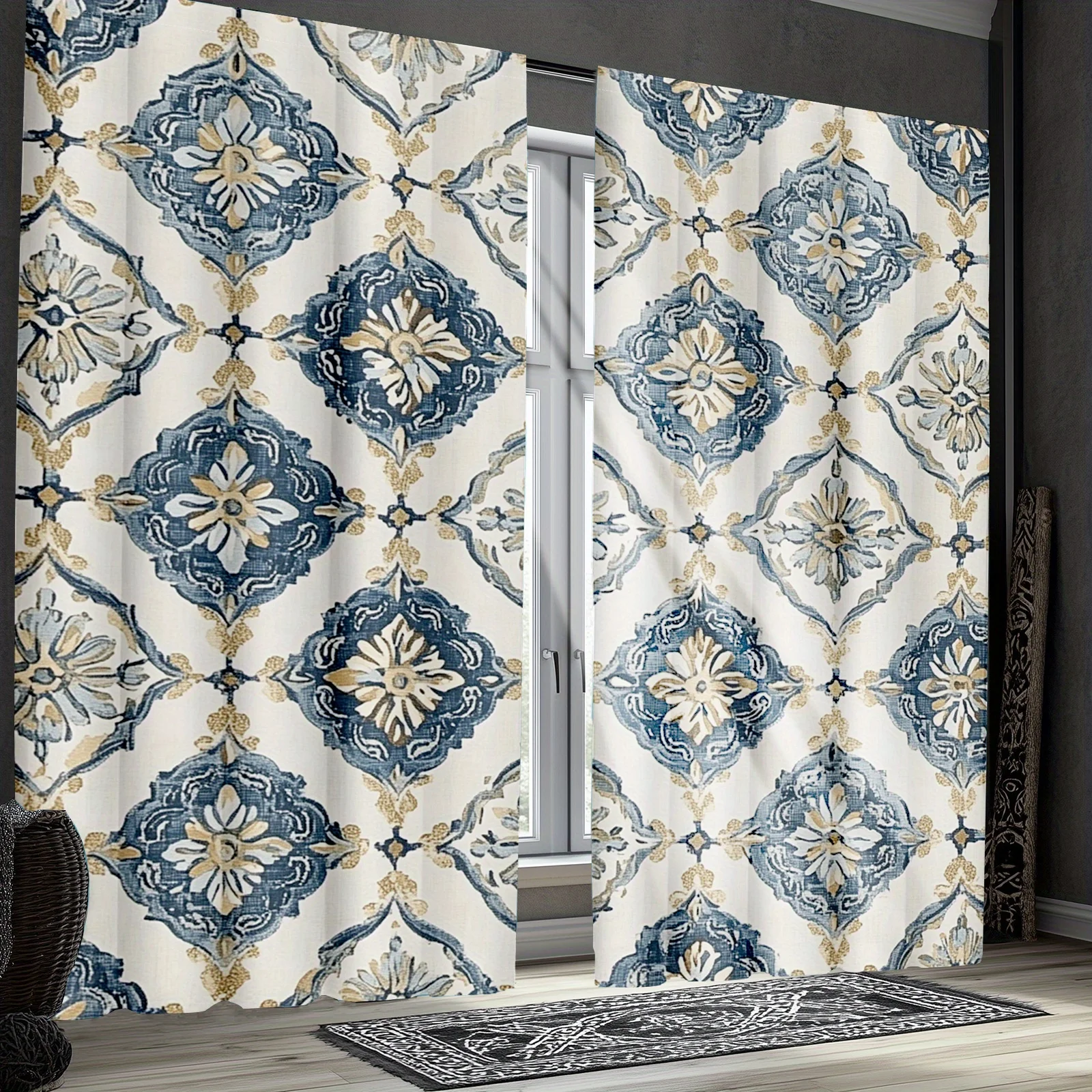 Pair of Blue Damask Curtains Decorative Window Drapes Elegant Baroque Pattern for Living Room Home Decor